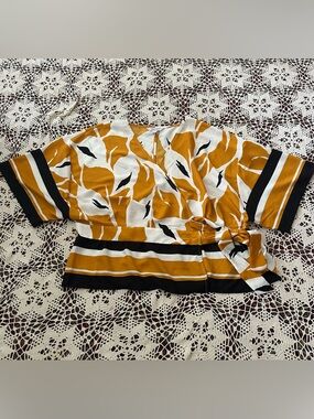 Nine West Mustard, Black and White Wrap Blouse with Side Tie